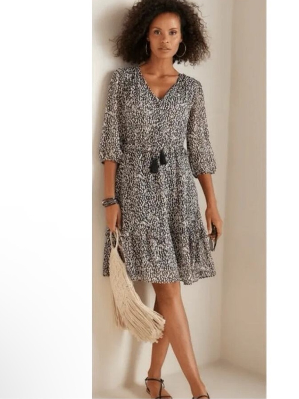 NEW Soft Surroundings Hazel Dress Black Tan Print Tiered 1X Plus Sheer Gauzy NWT